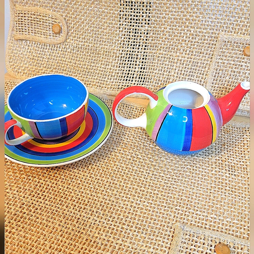 VINTAGE Hand painted Whittard of Chelsea 3 PIECE tea set, Colorful!